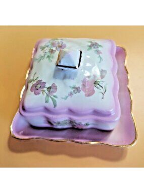 Vintage Old Foley James Kent England Butter Dish Pink with Florals 1950's